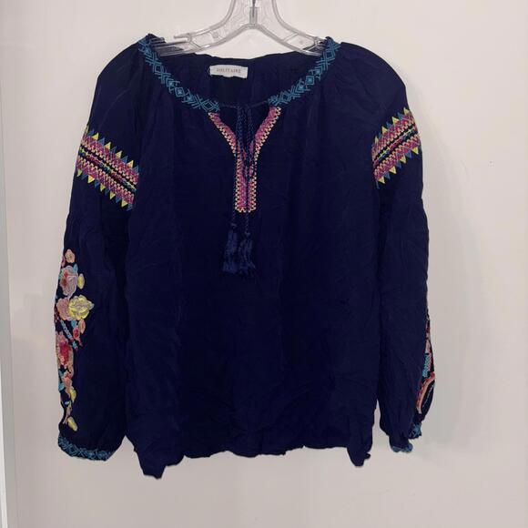 Solitaire Blue V Neck Boho Floral Embroidered Long Sleeve Blouse Tunic - Picture 1 of 8